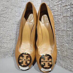 Tory Burch Sally Women's Size 11M US Brown Leather Wedge Peep Toe Pump Sandals